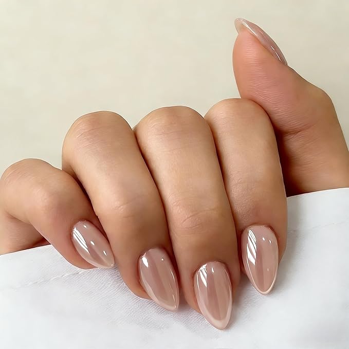 Chrome Cream Nude Press on Nails Short Almond, Glazed Cute Fake Nails with Sparkle Mirror Design, Shiny Glitter Glue on Nails Stiletto, Gel Nail Press ons with Glue for Fingernail 30 Pcs