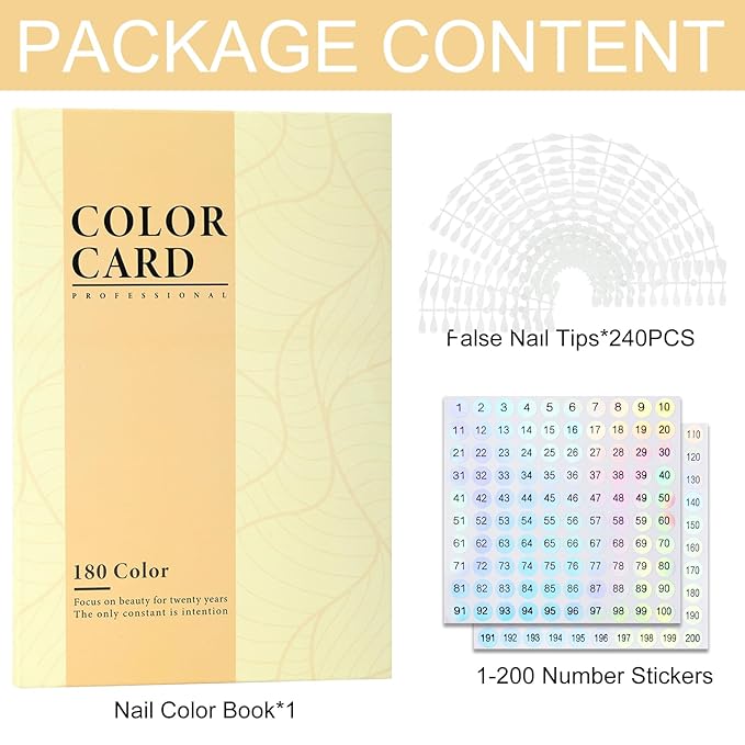 180 Nail Colors Book,Nail Color Display Book with 240 Nail Tips & 1-200 Number Labels,Professional Nail Color Swatches Book for Nail Polish UV Gel,Nails Art Design(Yellow)