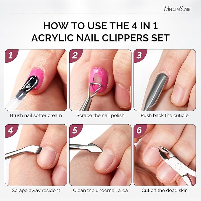 Melodysusie 4 in 1 Acrylic Nail Clippers Set, with Cuticle Trimmer and Dual-Ended Cuticle Pusher Remover, Stainless Steel Acrylic Nail Cutter Set, Pedicure Manicure Acrylic Nail Tools for Home Salon