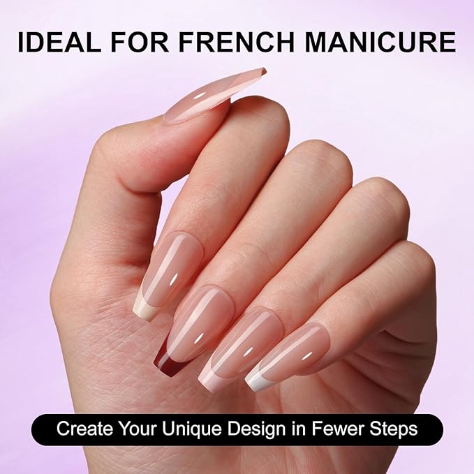 Gel French Tip Nails Long Coffin French Tip Press on Nails White French Nail Tips 150Pcs Pre-applied Tip Primer Natural Skin Tones Fake Nails Extensions Gel Nail Kit for Women Girls DIY