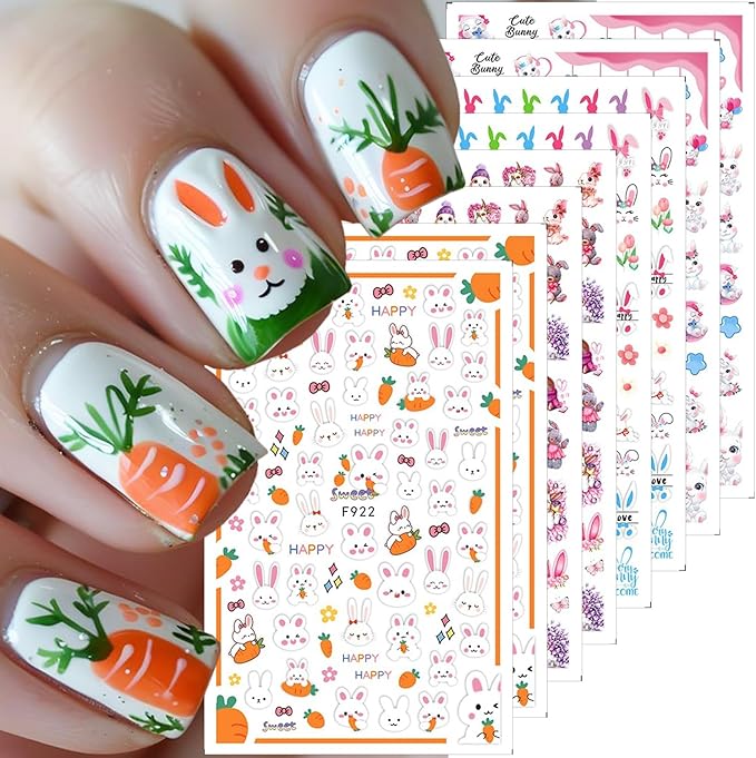 8 Sheets Easter Nail Decals for Nail Art Cartoon Rabbit Nail Art Stickers 3D Self-Adhesive Heart Flower Carrot Bunny Nail Decals Cute Easter Nail Supplies for Women Acrylic Nails Decorations