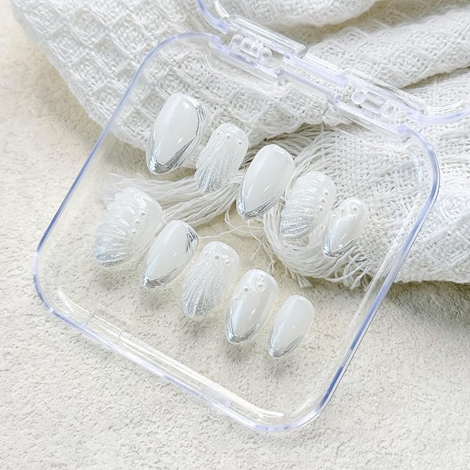 Short Almond Press on Nails Thick Handmade Nails with Glue,5D Lines Luxury Pearl False Nails Flash Designs Milky White Press ons Muti-Layer Gel Handmade Nail for Women Wedding Nail Art(Size S)