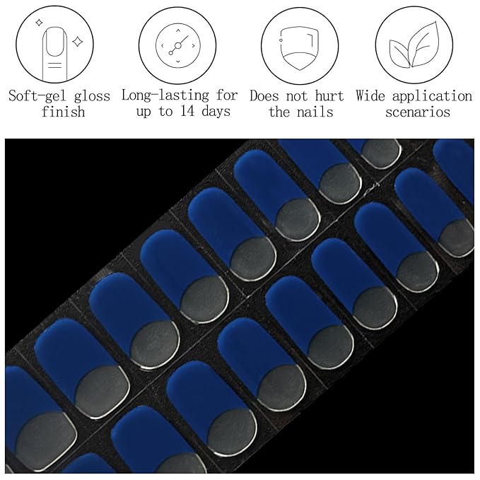 Dark Blue Semi Cured Gel Nail Strips French Tip 20Pcs Clear UV Gel Nail Stickers Glossy Nails Polish Strips UV/LED Light Needed Self Adhesive Full Polish Nails Wraps for Women