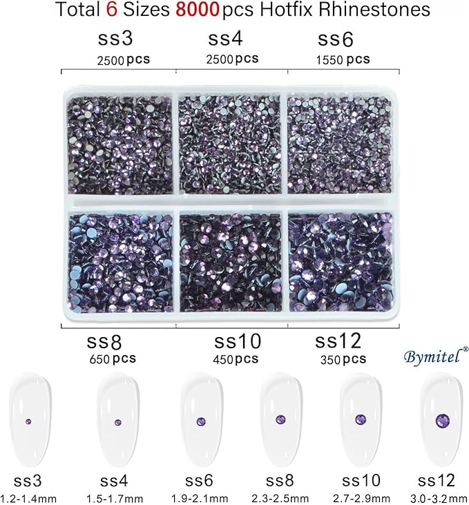 Bymitel Hotfix Crystal Rhinestones Round Gems for Crafts,Mixed 6 Sizes with Wax Pencil Kit, Tazanite1.3-3.2mm(SS3-SS12/8000pcs)