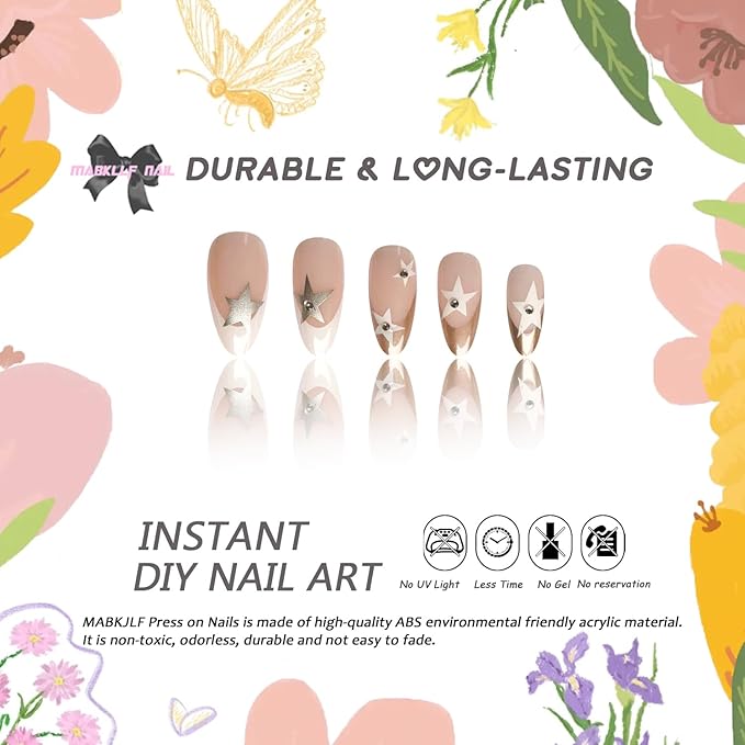 Press on Nails Medium Almond MABKJLF French Tip Fake Nails Nude Full Cover White Gold Nail Tip False Nails with Star Designs Rhinestones Glossy Glue on Nails Artificial Nails for Women Girls 24Pcs