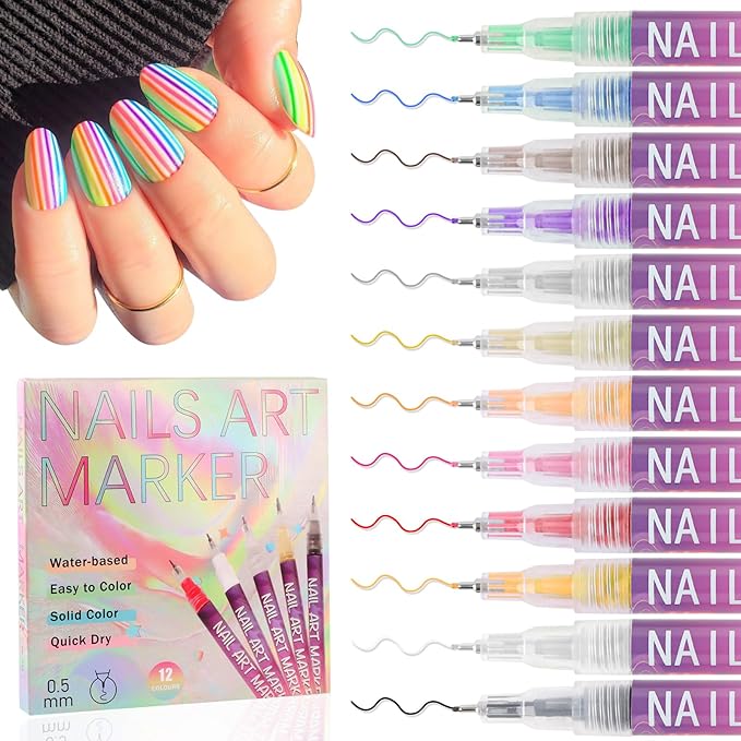 EBANKU 12 Colors 3D Nail Art Pens, Fine Tips 0.5 MM Nail Polish Pens Quick-Drying Acrylic Nail Paint Point Dotting Liner Pen Tools for Home & Salon Manicure DIY