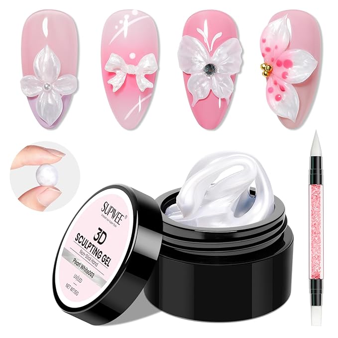 3D Nail Gel Art Pearl White,Solid Gel for Nails Art Non-Sticky Molding Nails for Extension Carving Home DIY Manicure with Nail Art Pen DIY at home