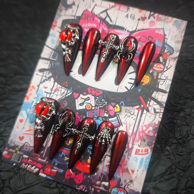Handmade Press On Nails 10Pcs Dark Gothic Style Manual Devil's Eye Fake Nails for Women Party Holiday Photo 3.2CM Size M