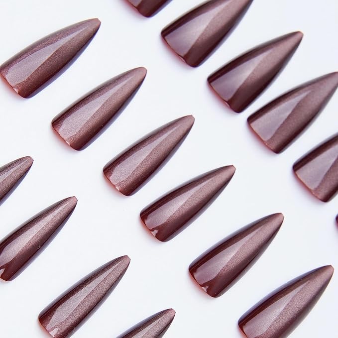 MISUD Press on Nails - Long Stiletto Fake Nails, Acrylic Fall Brown Cat Eye Design 24 pcs