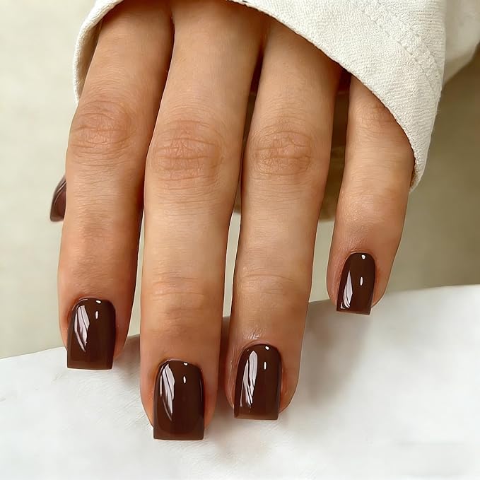 Chrome Dark Brown Press on Nails Short Square, Glazed Short Fake Nails with Sparkle Mirror Design, Shiny Glitter Glue on Nails with Glue, Cute Gel Nail Press ons for Fingernail 30 Pcs