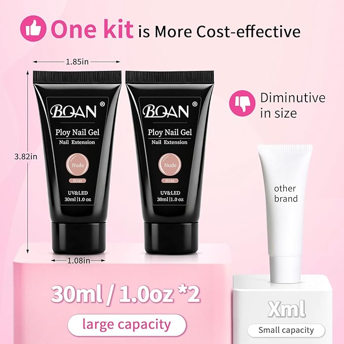 BQAN Poly Nail Gel, 2 Pcs Poly Extension Gel (30ml) with Slip Solution & Brush, for Long-Lasting Nail Extensions | Builder | Salon-Quality DIY & Home Use (Nude)