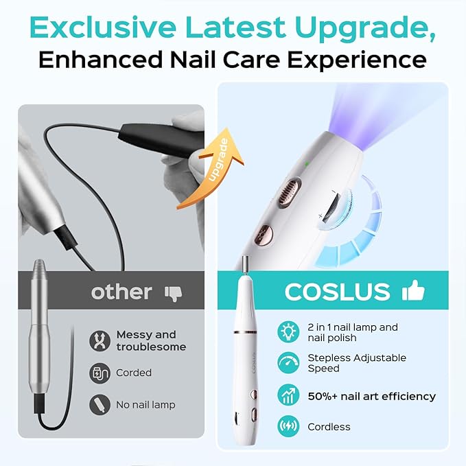 COSLUS Cordless Nail Drill Electric C41(END04): 2-in-1 Nail File with Flash Cure for Acrylic Gel Dip Powder Nails, Stepless Control for Beginner Home DIY, Portable & Professional Pedicure Kit