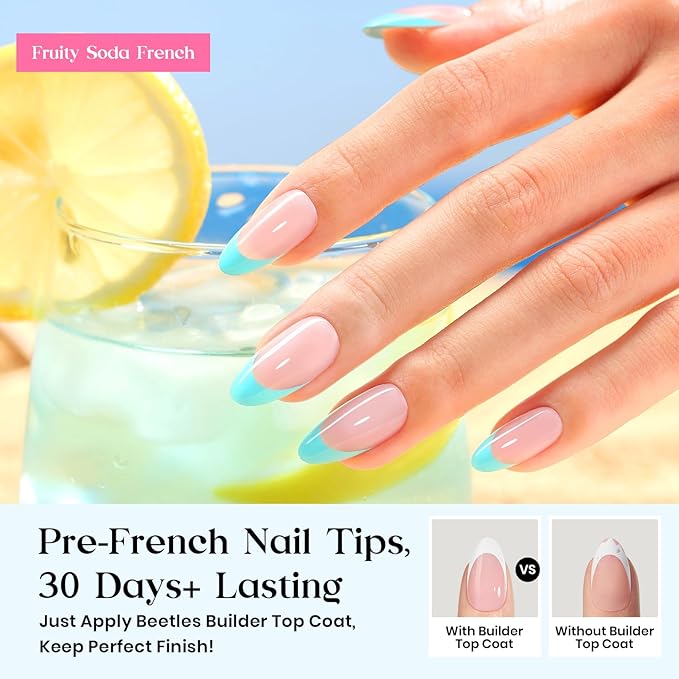 Beetles X Press Summer Nails Kit: Medium Almond French Tip Press On Nails Kit With 7 Colors 224Pcs Rainbow Nail Tips Nail Glue & Builder Top Coat Mini UV Light, All-in-One DIY Gift For Women 16 Sizes