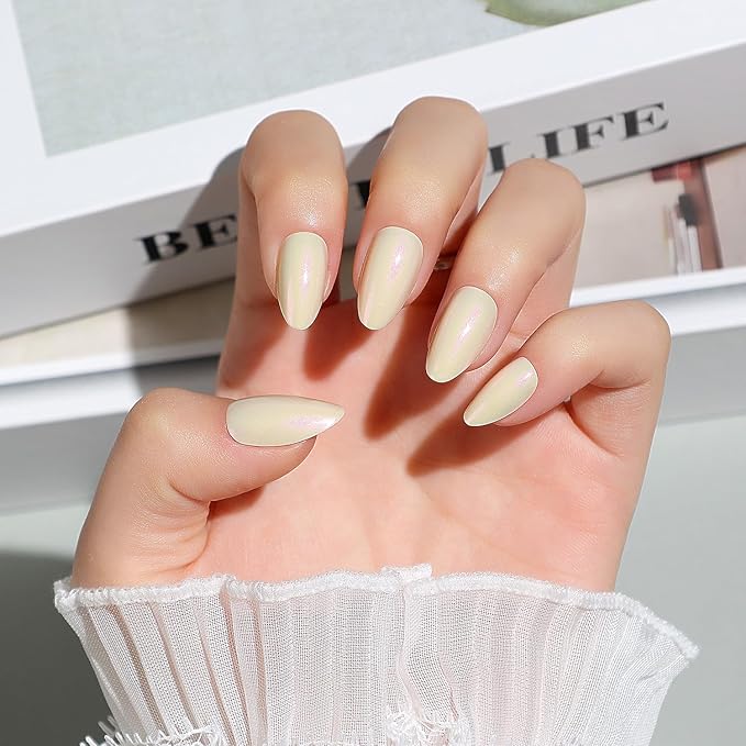 Luxbon Acrylic Short Almond Press On Nails with No-Cure Nail Glue and Tool Kit – Soft Gel Tips 25-30pcs Full Size Set, Reusable Fake Nails for Women, Stick On Nails, White Aurora