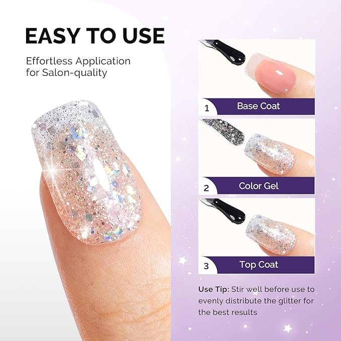 MelodySusie Galaliver Silver Glitter Gel Nail Polish, 15ML Shimmer Silver Diamond Sparkle Gel Polish Soak Off UV LED Cured Long Lasting Gift for Women DIY Nail Design Nail Art Manicure X09