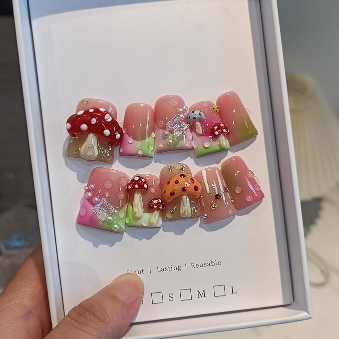 Duckbill Coffin Ballerina Shape Fake Nails,Ombre French Tips Press on Nails 10 Pcs with Tool Kit,3D Butterfly Mushroom Embossed Design Glue on Nails with Pearl & Rhinestone Cute Fake Nails(M)