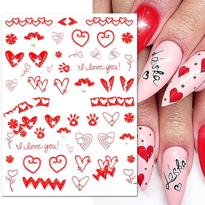 4 Sheets Valentine's Day Nail Art Sticker Decals, 5D Heart Embossed Self-Adhesive Nail Art Decoration Supplies Accessories for Women Girl