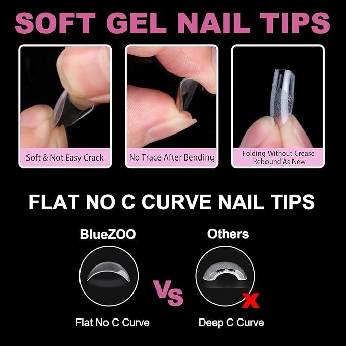 BlueZOO Extra Short Coffin Fake Nails Soft Gel Nail Tips, 600Pcs Full Cover Clear Press On Nails for Acrylic Nail Tip Soak Off Home DIY Salon, False Nail Tips for Beginner and Professional Manicure