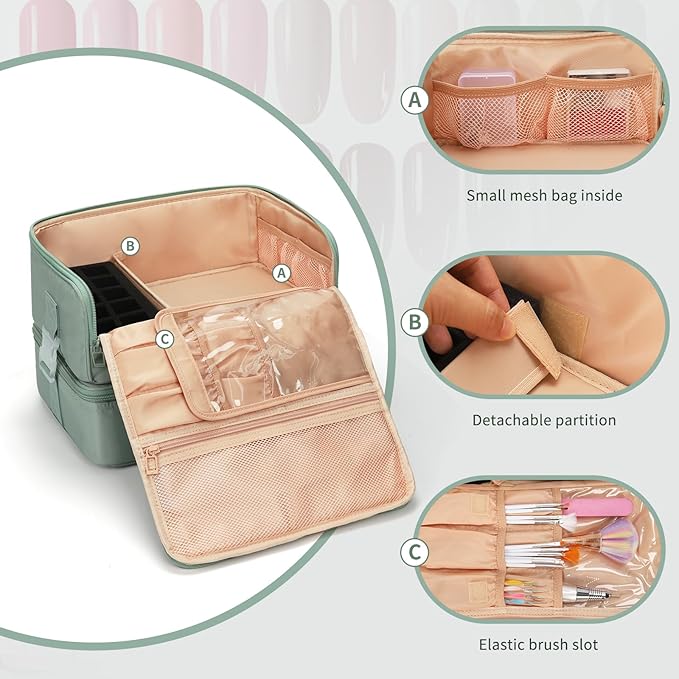 OCHEAL Nail Polish Organizer, Holds Nail Lamp and 45+ Bottles,3 Usage Modes Detachable Nail Storage Bag Travel Nail Tech Case Holds Nail Kit Stuff Manicure Tools -Green