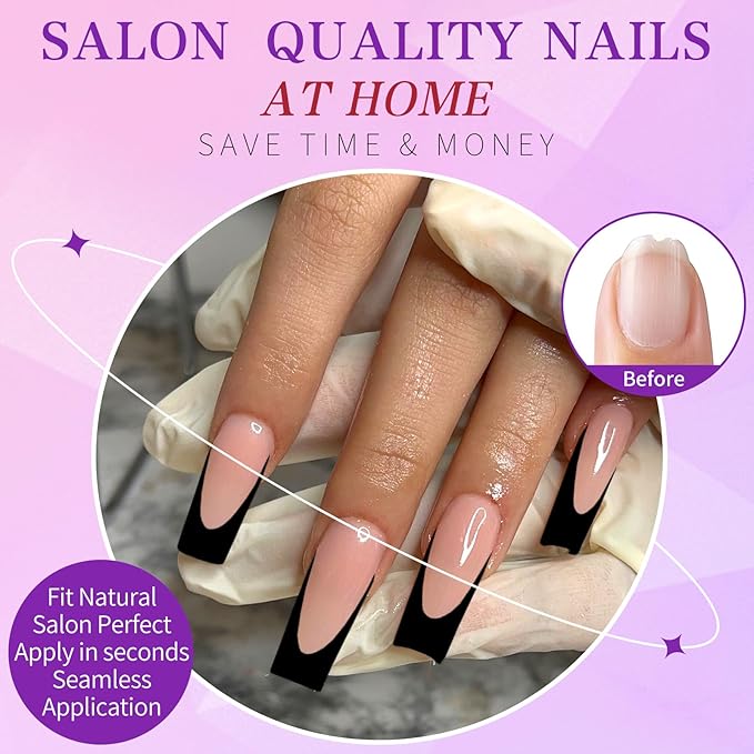 216PC Black French Tip Press on Nails Long Fake Nails Press ons with 10*Adhesive Tabs, Pink Square Acrylic Nails Press on Nails French Tip Nails False Artificial Fingernails Stick on Nails