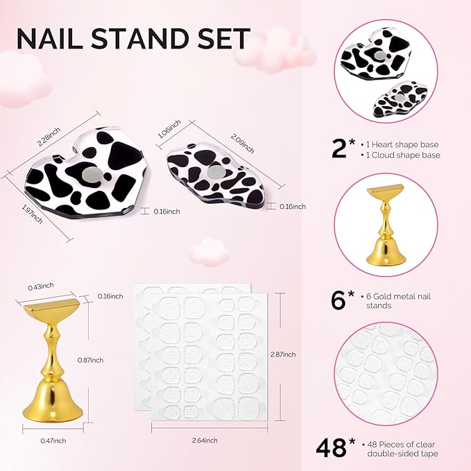 MelodySusie Nail Stand for Press Ons, Heart and Spotted Cloud Shape Magnetic Base for Painting Display Holder and Reusable Double-Sided Tape for Home DIY Salon Supplies