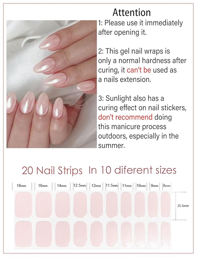Semi Cured Gel Nail Strips, 20pcs Pink Pearl Shimmer UV Nail Stickers, Stick on Nail Wraps for Home Nails DIY