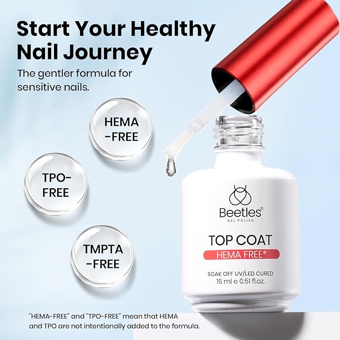 Beetles HEMA-Free Gel Top Coat 15ml, TPO Free No Wipe Top Coat Gel Polish 2026 Upgraded Formula Long Lasting U V LED for DIY at Home & Salon Manicure