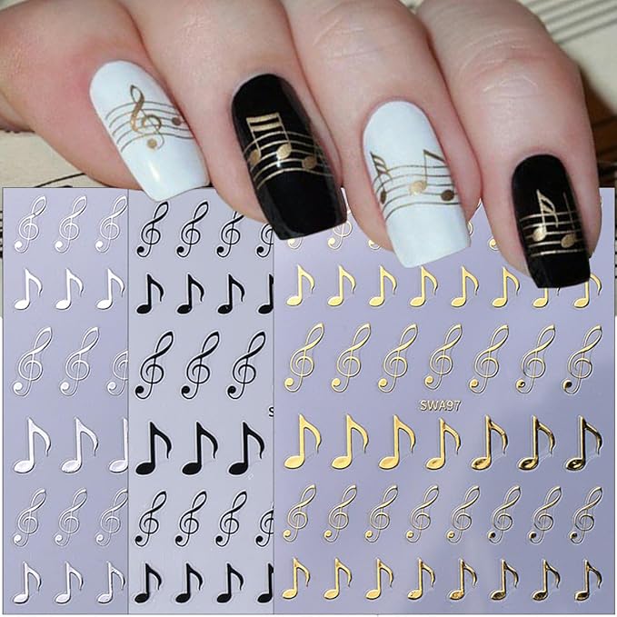 6Pcs Music Note Nail Art Stickers 3D Retro English Letters Nail Stickers Self Adhesive Gold Silver Black Old Alphabet Music Note Pattern Design Nails Decals English Manicure Decoration for Women Girls