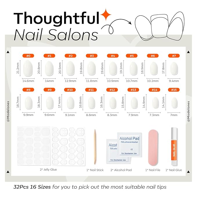 modelones Short Press on Nails, Oval Fake Nails Kit Press Ons with Nail Glue, Adhesive Tabs, Nail File, Prep Pad, Manicure Stick, 32Pcs 16 Sizes, Milky White, Spring Women Girl Gift