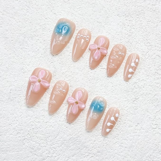 Handmade Press on Nails Medium Almond Thick Nails Nude Fake Nails with Glue,3D Pink Flower Art False Nails with Design Reusable Acrylic Nature Stick on Nail for Wome (Size S)