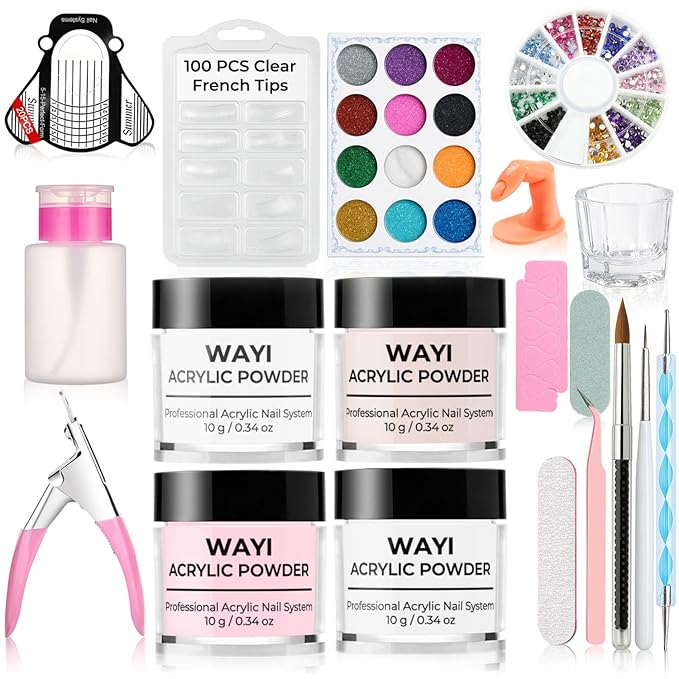 WAYI Acrylic Nail Kit with 4 Powders – 10g Each (Pink, White, Nude, Clear), 100PCS Tips, Glitter, Rhinestones, Practice Finger, Nail Tools Set for DIY & Beginners