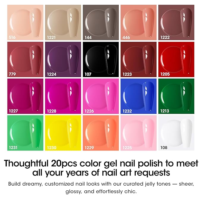Gellen 24pcs Gel Nail Polish Set, 20 Gel Polish Colors with Base Coat and Glossy Matte Cateye Top Coat, HEMA TMPTA TPO 3-Free Red Pink Green White UV Cured Soak Off Salon Nail Kit, Gift for Women Girl