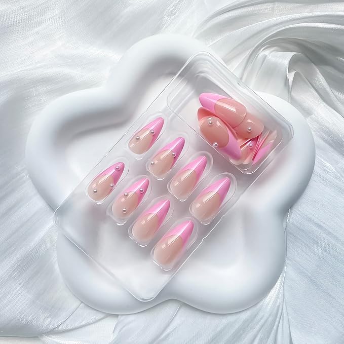 24 Pcs Press on Nails Medium Almond Nude Acrylic Fake Nails French Nails with Pink Nails Tip and Pearl Designs False Nails Spring Summer Stick on Nails for Women