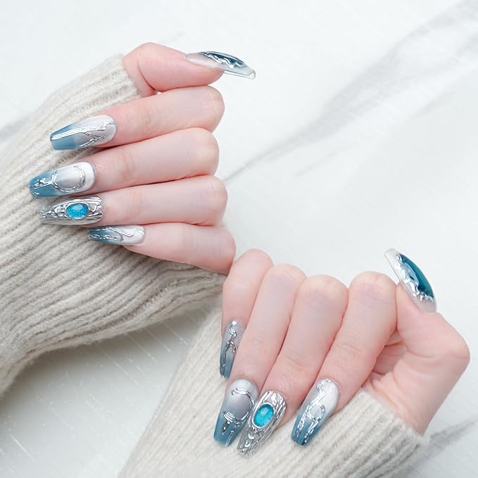 Sun&Beam Nails Handmade Press-on Medium Long Coffin Ballerina Blue Silver White glossy Gradation Hand-Painted Design Fashion False Nail Tips 10 Pcs Set (#201 L)