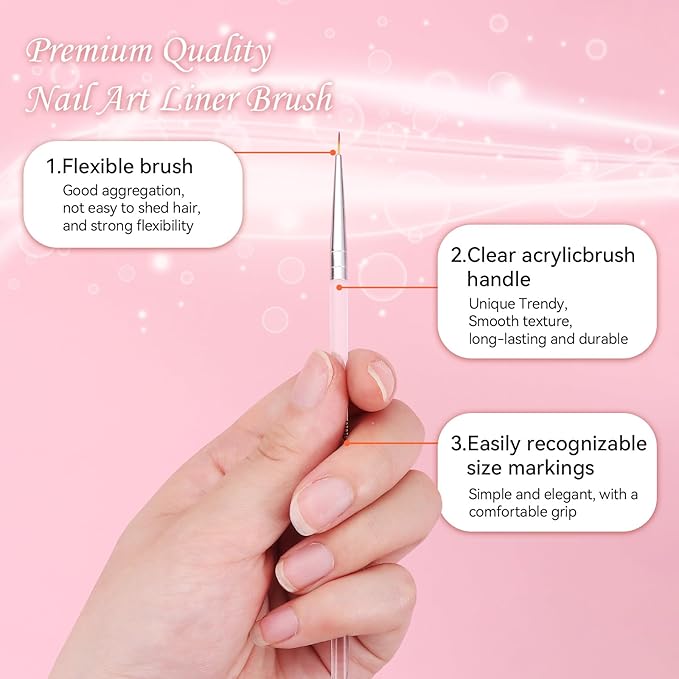 5Pcs Nail Art Liner Brushes Set, Manicure Brush Fine Drawing Thin Lines Painting Details Striping Design For Gel Polish Dotting Pen Transparent Handle Home DIY, 6/9/12/18/24mm