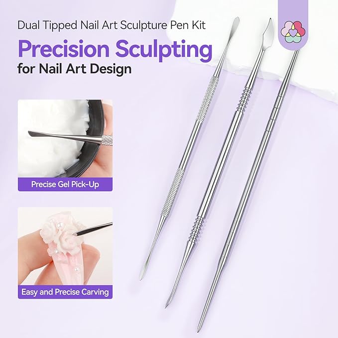 SAVILAND Nail Art Sculpture Pen: 3PCS Sculpting Nail Art Tools Solid Builder Gels Dual-Head 3D Gel Pen Nails Dotting Tool 3D Sculpting Gel Nails Art Design Tools for Salon Home DIY