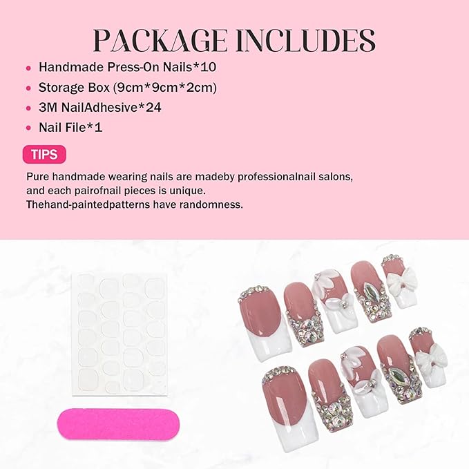 Luxury Rhinestone Medium Square Press on Nails Handmade 3D Flower Art Fake Nails Sparkly Glossy Design White French Thick False Nails Muti-Layer Gel Stick on Acrylic Nail for Women 10Pcs (Size M)
