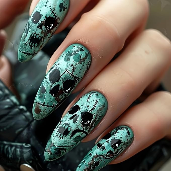Halloween Fake Nail,Stiletto Press on Nails Long,Dark Green False Nails with Horror Skull & Scar Face Pattern Designs | Full Cover Acrylic Nails Stick on Nails for Women Halloween Manicure 24Pcs