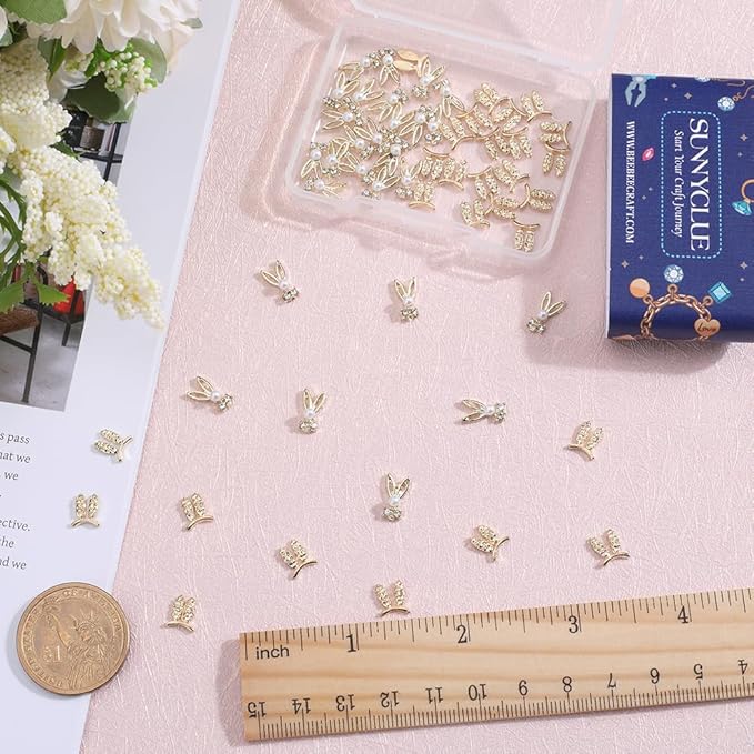 SUNNYCLUE 1 Box 60Pcs Bunny Nail Charms Bulk Mini Small Golden Rabbit Flatbacks Easter Nail Charms Pearl Beads Gems Nail Art Rhinestones Animal Nail Charms for Acrylic Nails Finger Nail Decoration
