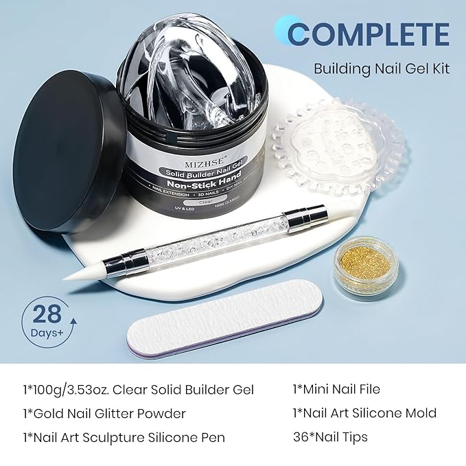 MIZHSE 100g Solid Builder Gel for Nails, Large Capacity Clear 3D Sculpting Gel for Nails, Non-sticky Hand Building Carving Modeling Hard Nail Extension with Silicone 3D Mold Nail Art Salon