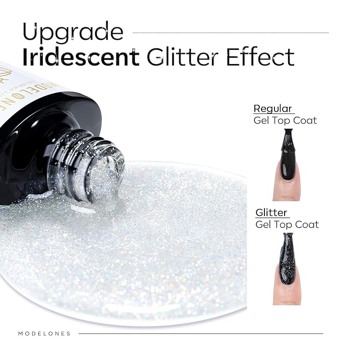 modelones Glitter Gel Top Coat, Reflective Iridescent Silver Mix Glitter Sparkle Clear Gel Polish No Wipe Glossy Confetti Sparkly Long Lasting Rainbow Shimmer Soak Off Nail Art Manicure Gift