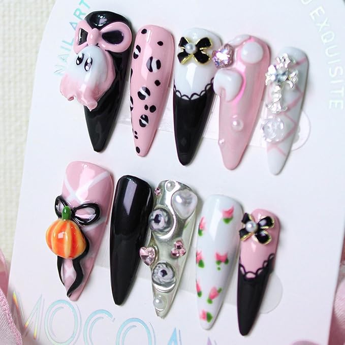 Handmade Press on Nails 3D Bow Pearl Art Desigen False Nails Reusable ABS Material Fake Nail Halloween Cartoon Little Ghost & Pumpkin Designs Cute Halloween Thicked Stick on Nails for Women (Size S)