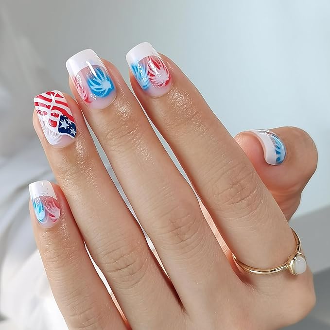 Curvlife Tip Press on Nails Acrylic Fake Nails with Design Full Cover False Nails for Women Reusable Nail Kit with Nail Glue Adhesive Tabs Nail File (AM, Short)