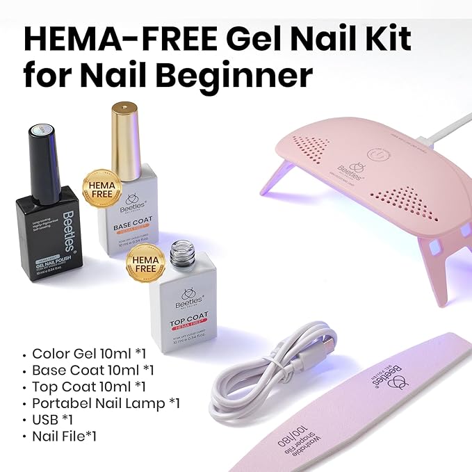 Beetles 10ML HEMA-Free Black Gel Nail Polish Kit with U V Light, 5 Pcs Black Gel Polish Set DIY Home Salon Portable Manicure Kit with Base &Top Nail File Coat Soak Off Gifts for Women Girls Teens