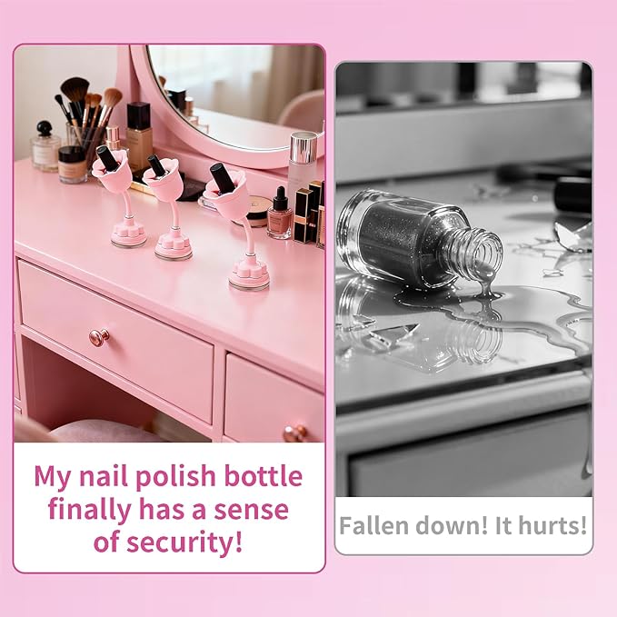 Nail Polish Bottle Holder, Rose-Shaped with 360° Rotating Stem, Tilted for No-Spill, Strong Suction Cup, All-Bottle Fit (Pink)