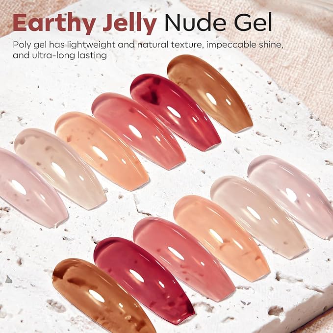 modelones Poly Nail Gel Set, 6 Colors Jelly Brown Skin Tones Neutral Transparent Poly Extension Gel Nail Enhancement Builde Khaki Beige DIY Manicures at Home