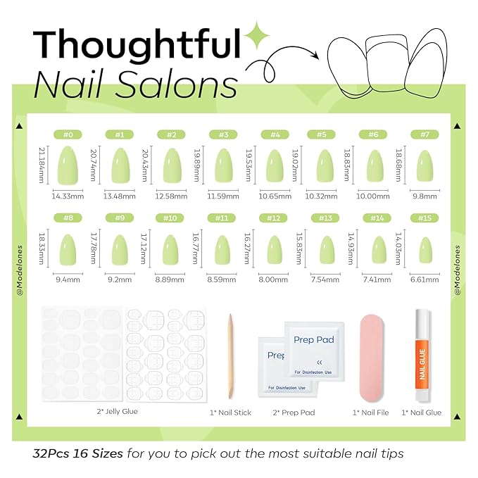 Modelones Green Press on Nails Almond, Easter Spring Pastel St. Patricks Day Short Fake Nails, Reusable Nail Kit with Nail Glue Adhesive Tabs Mini Nail File, Nails Press Ons 32Pcs 16 Sizes
