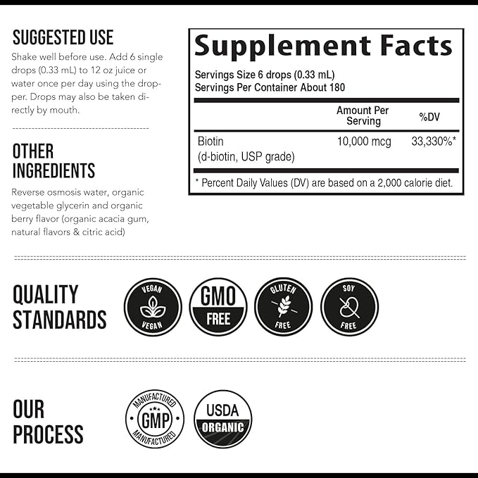 Triquetra Health Biotin Hair Support for Women – Organic 10000mcg USP Grade – Premium Liquid Supplement for High Absorption – Supports Healthy Hair, Skin & Nails – Berry Flavor – 180 Servings – 2 oz