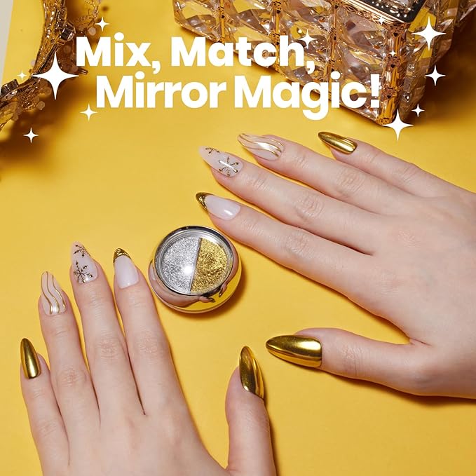 Beetles Chrome Nail Powder 2 Colors Mirror Effect Gold Silver Metallic Crome Powder for Nail Solid Pigment Nails Art Decoration Glitter Manicure Design Gift for Women
