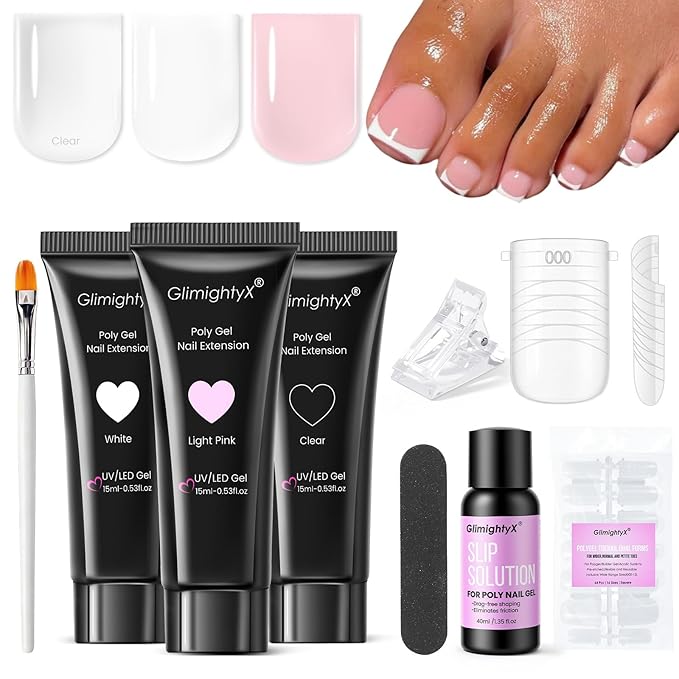 Poly Gel Nail Kit for Toes,GlimightyX Polygel Toenail Kit 3 Color Clear Pink White Poly Gel with 16 Sizes Dual Forms 40ml Slip Solution Nail Clips File Brushes,Toenail Extension DIY Salon Home